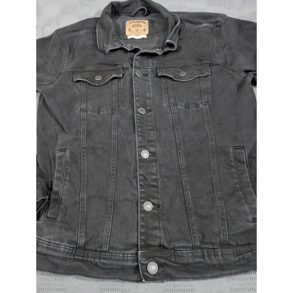 Pull&Bear Mens Washed Black Denim Trucker Jacket Large L Button Up Cotton